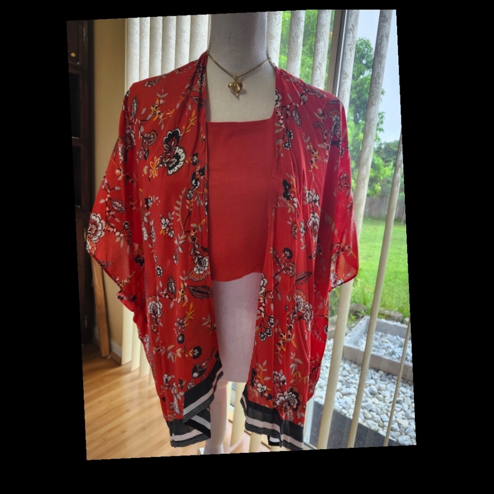 LOFT Spring Chic FLORAL KIMONO Red Navy Size Medium/Large▪
